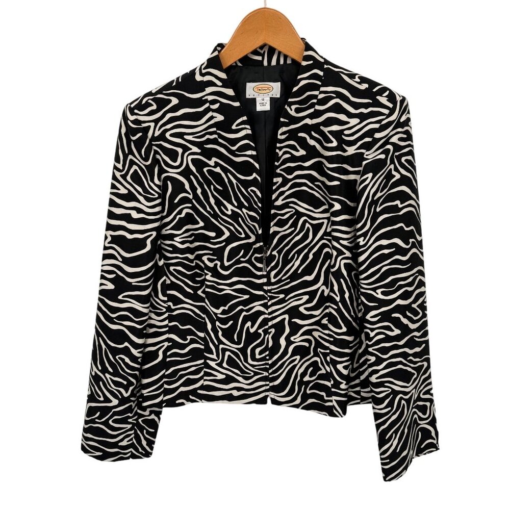Talbots 1/2‎ Zip Jacket Womens Size 12 Black White Silk Wool Blend Satin Lined